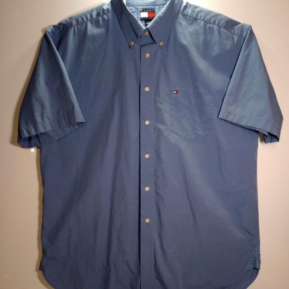 Tommy Hilfiger Men's Blue Button Down Short Sleeve Cotton Pocket Shirt Size XL